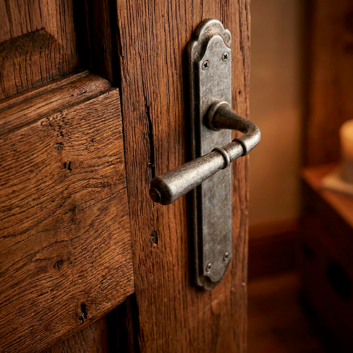 Poignée modèle « 508 » avec plaque rustique et finition noire vieillie pour portes