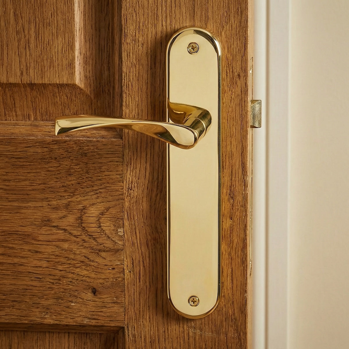 Poignée de porte modèle "130" en zamak avec plaque ovale, finition doré brillant