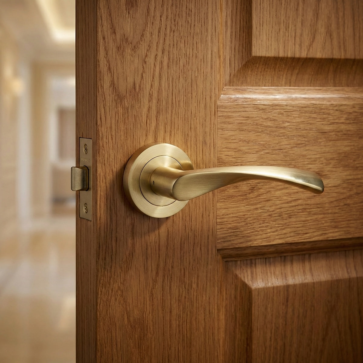 Poignée modèle '136A' dorée en aluminium avec rosace ronde pour portes en bois