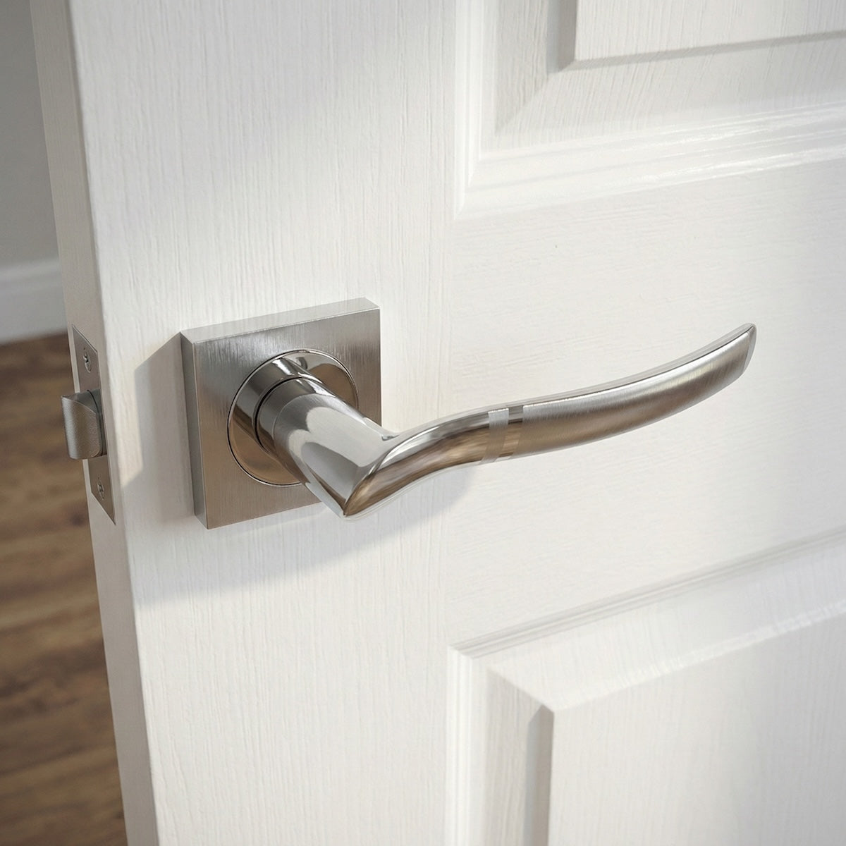 Béquille '230A' en aluminium nickel avec rosace carrée pour portes