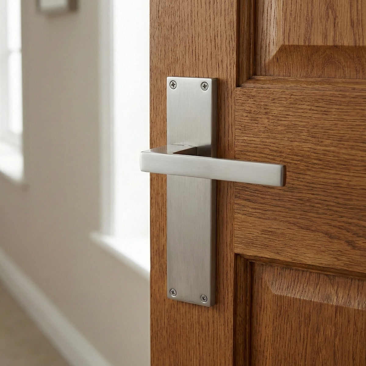 Poignées modèle « 220 » avec plaque rectangulaire en zamak pour portes, finition nickel satiné