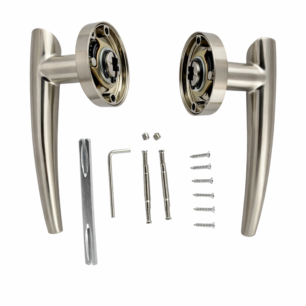 Poignée modèle '330' en zamak avec rosace ronde finition nickel satiné pour portes