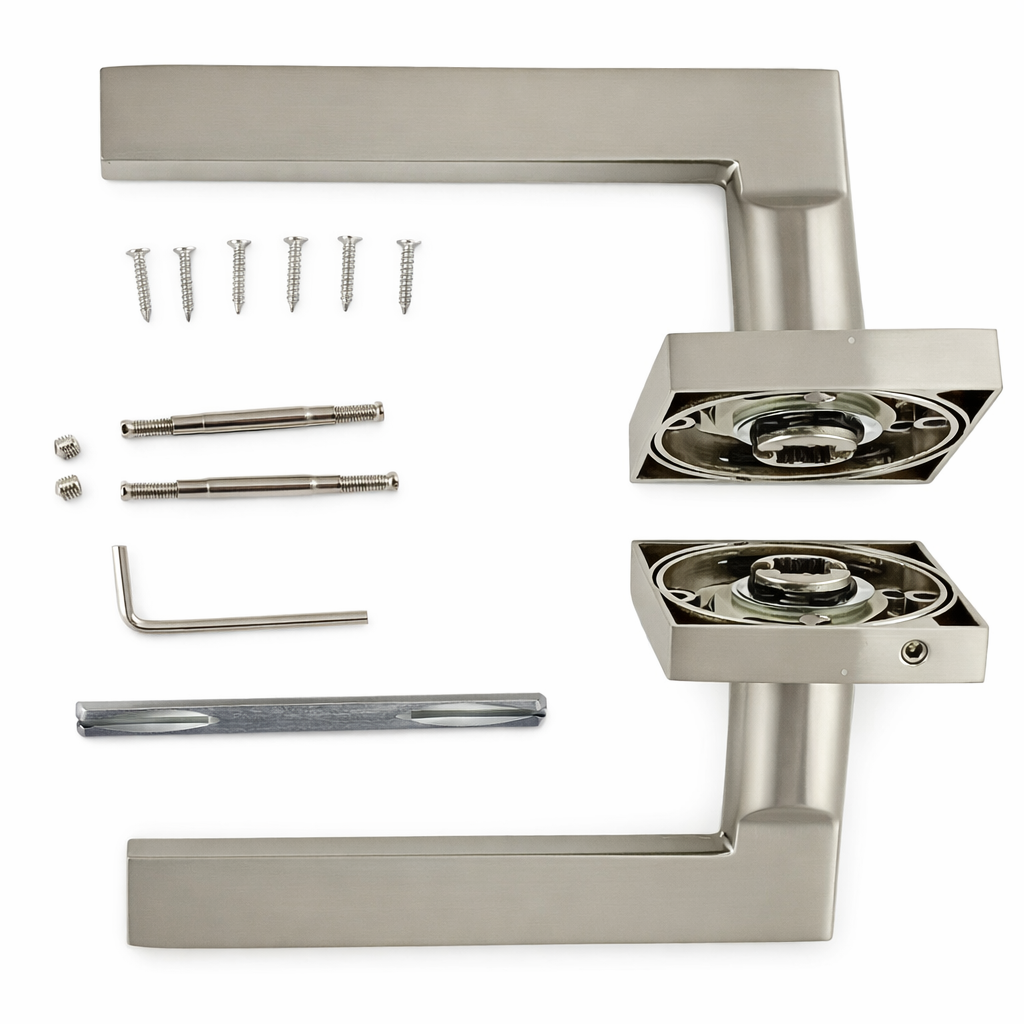 Poignée modèle Rental '530A' rosace carrée en aluminium pour portes finition nickel satiné