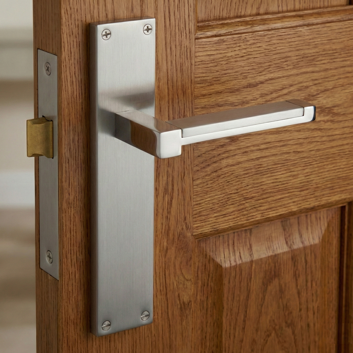 Poignée modèle 610 avec plaque rectangulaire en zamak finition nickel satiné pour portes