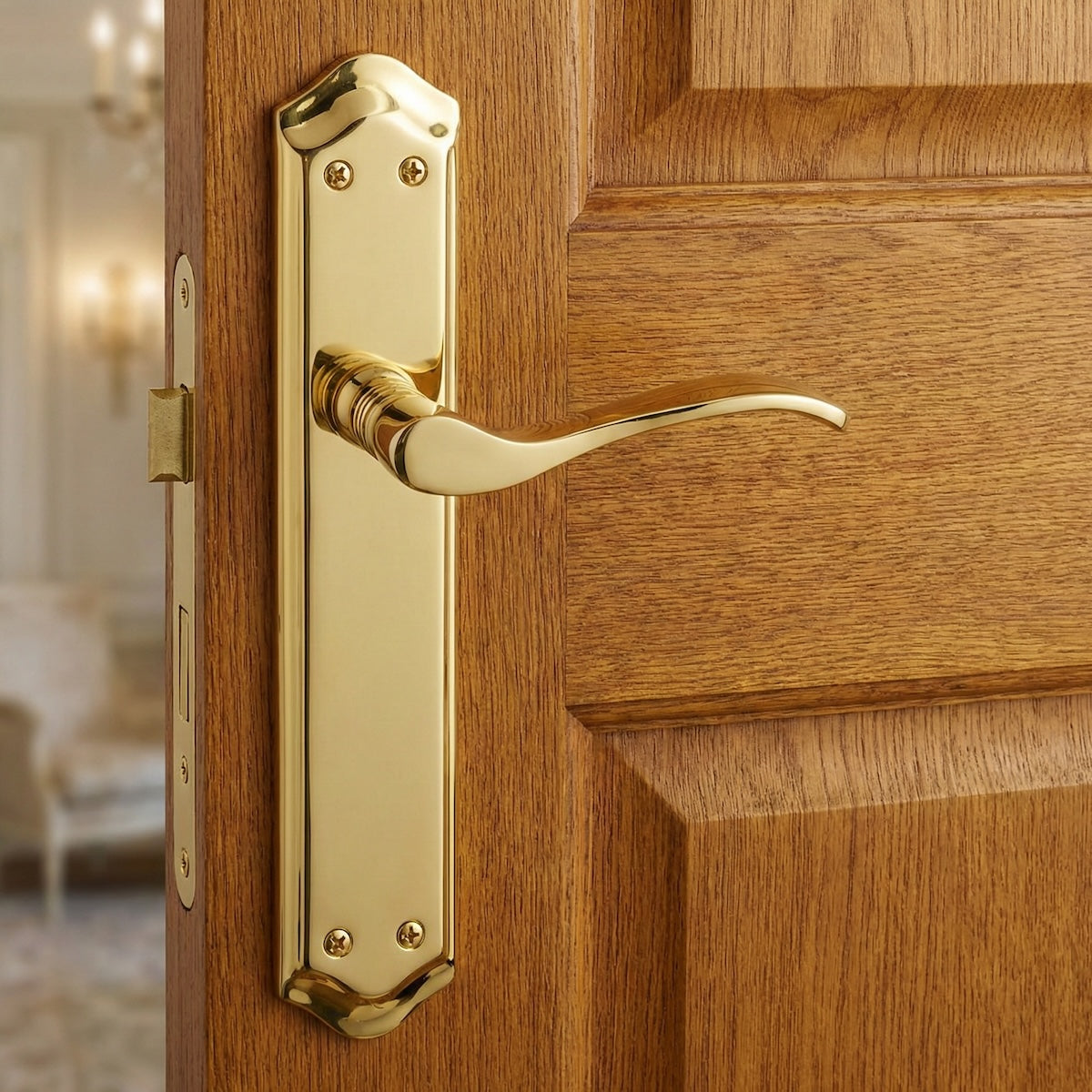 Béquille modèle « 881 » avec plaque ovale en aluminium finition doré satiné pour portes