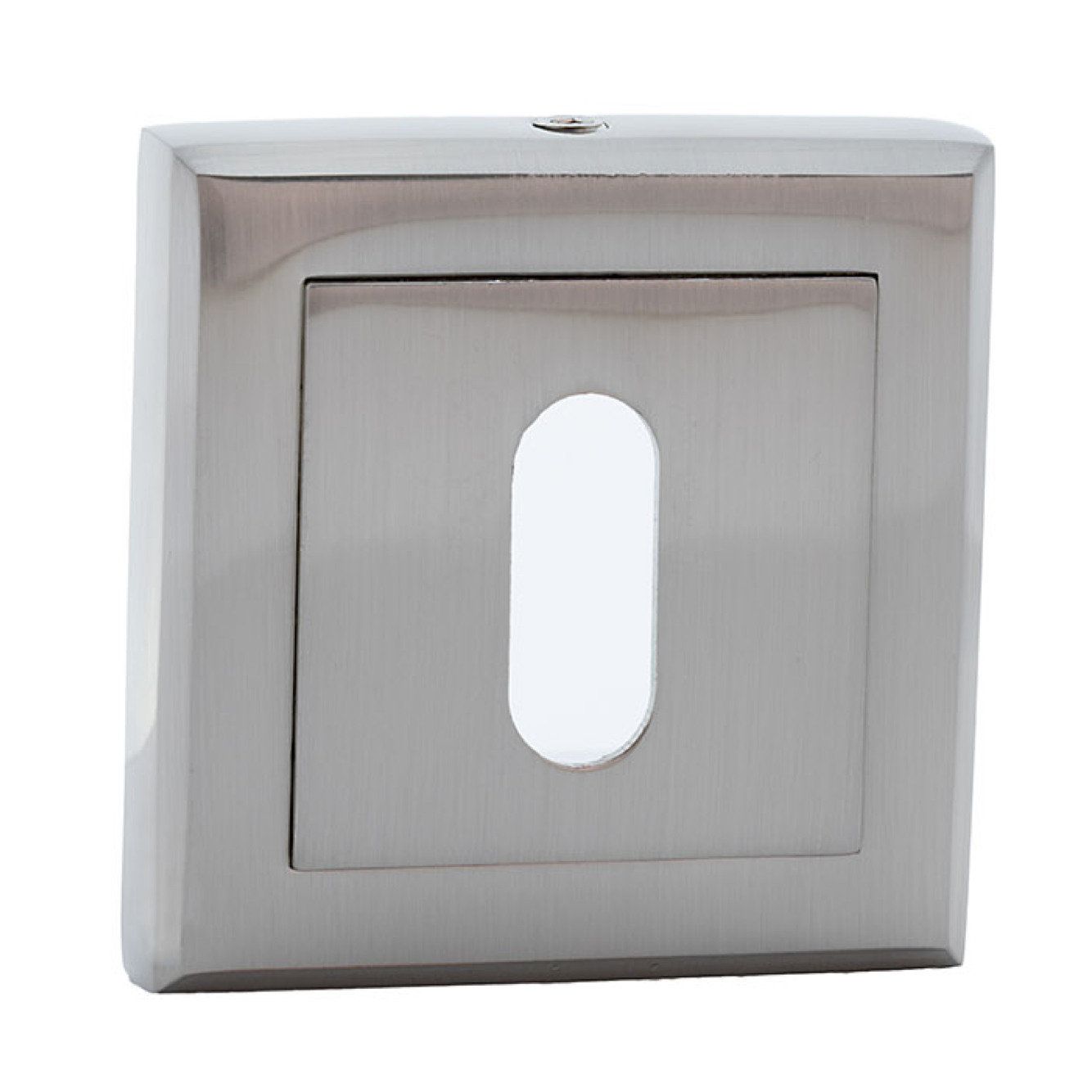 Gâche à têtière rectangulaire et à embout ovale en nickel satiné, avec angles arrondis