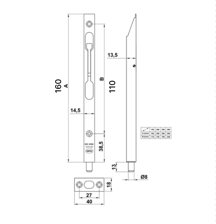 Pasador de embutir de acero inoxidable latonado brillo de 160 mm para puertas dobles