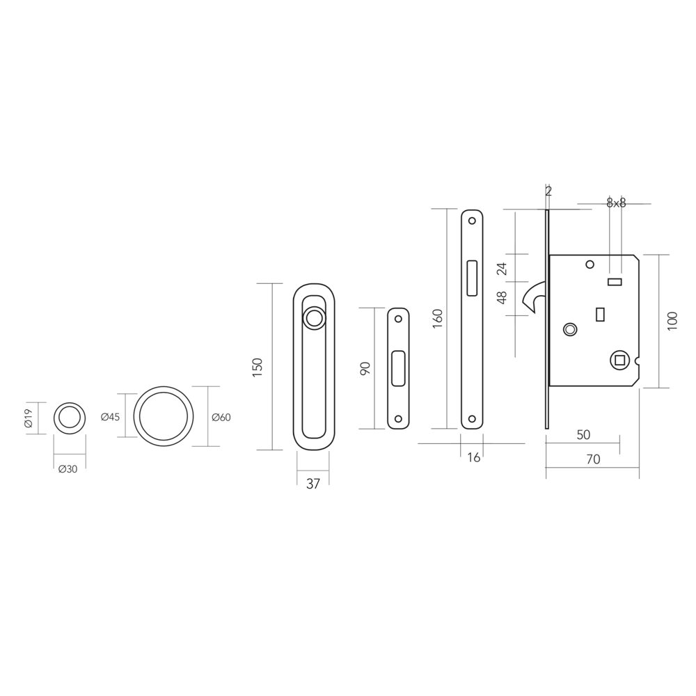 Kit pour porte coulissante, poignée tournante avec condamnation et cuvettes ovales en finition nickel satiné