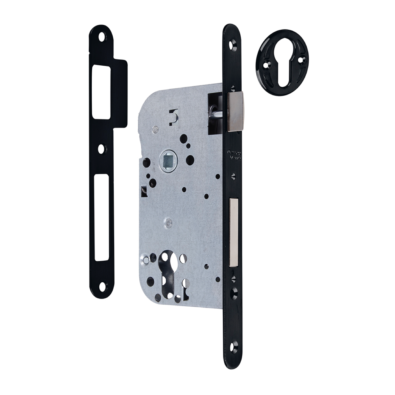Serrure à mortaiser axe 70 mm et carré de 50 mm, têtière arrondie noire