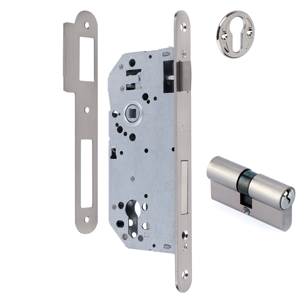 Serrure à mortaiser de 60mm pour cylindre européen, avec têtière à bouts ronds, entraxe de 85mm, finition nickel satiné