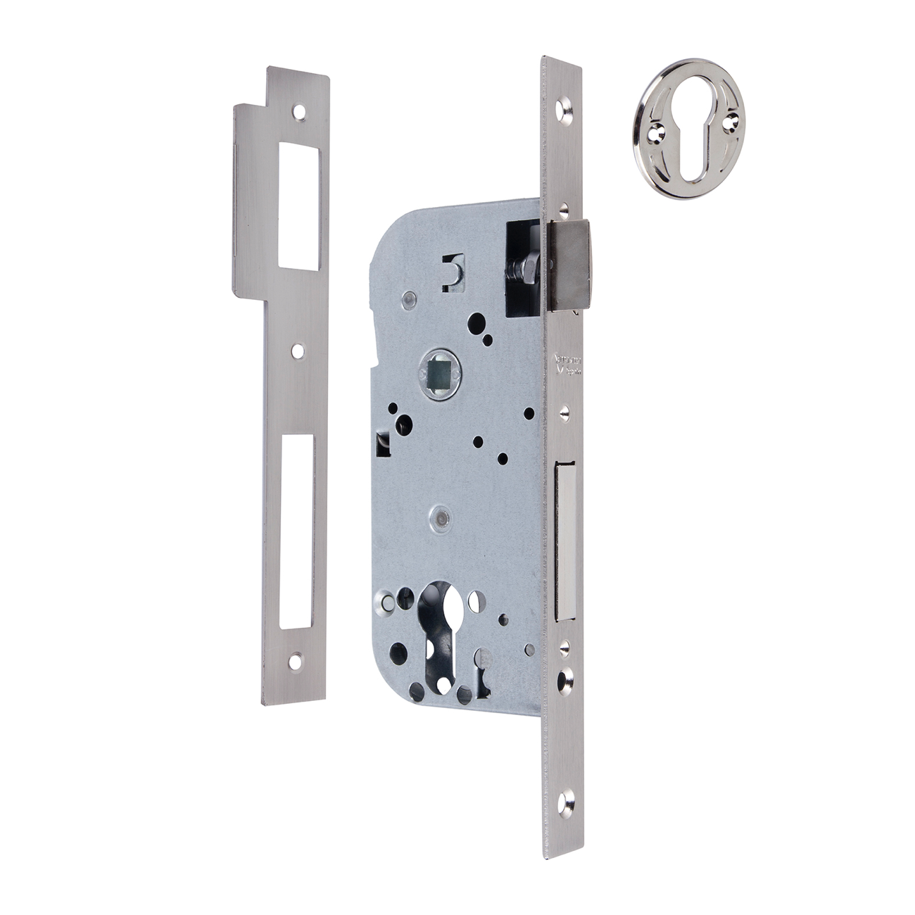 Serrure à encastrer 50mm pour cylindre européen, têtière plate, entraxe 85mm, finition nickel satiné