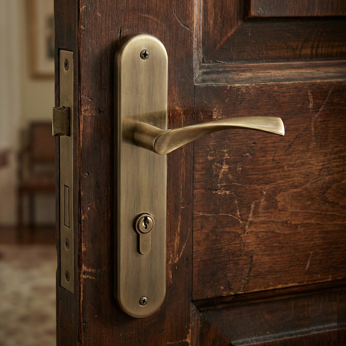 Poignée de porte modèle "130" en zamak avec plaque ovale et finition cuir