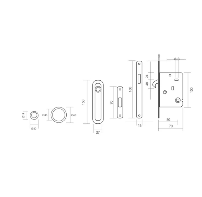 Kit para puerta corredera con condena y uñeros redondos en grafito con entrada 50 mm