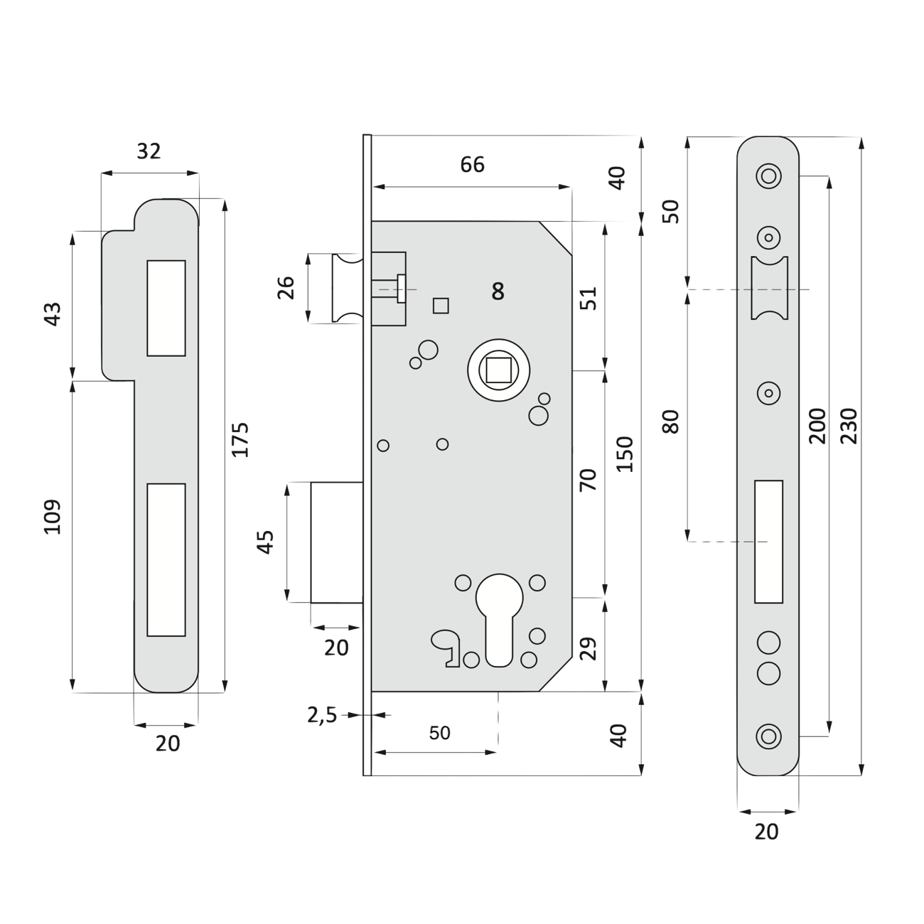 Serrure à encastrer de 70 avec têtière arrondie finition graphite