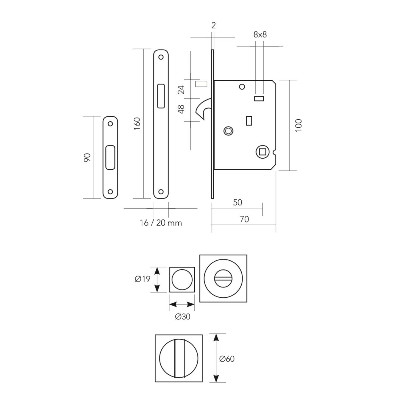 Kit pour porte coulissante avec verrou et tire-doigt carré en finition nickel satiné