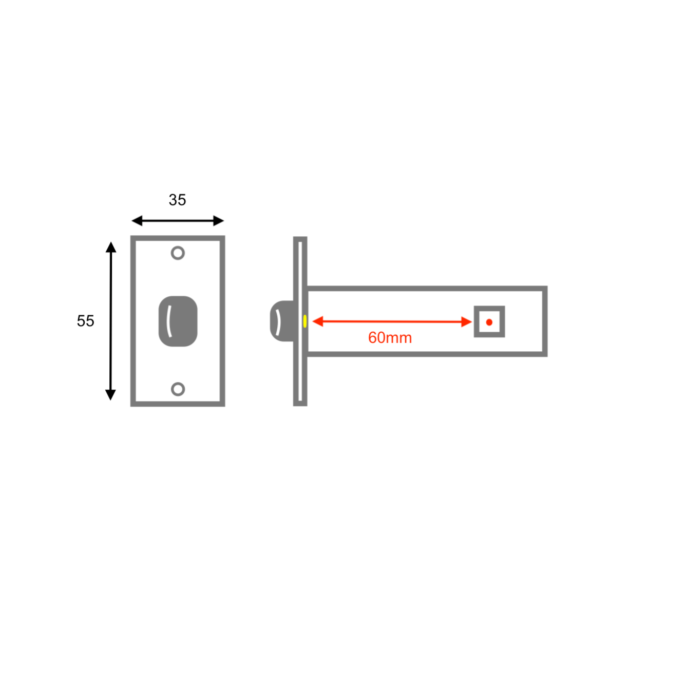 Loquet tubulaire carré en finition nickel satiné, entraxe 60mm