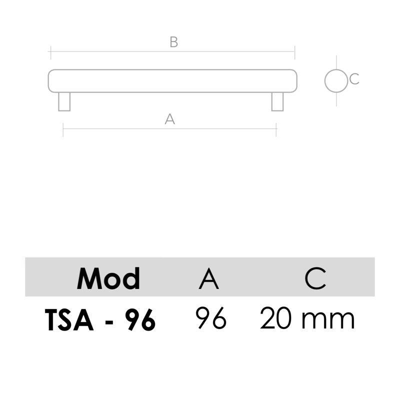 Medidas de Tirador de aluminio modelo TSA para muebles y armarios con 96mm entre ejes