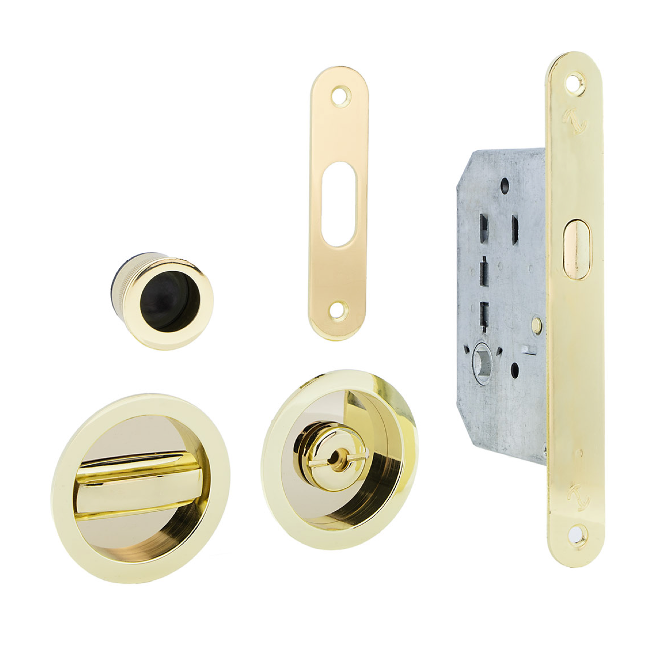 Kit pour porte coulissante, avec serrure à bouton plus condamnation et tirettes rondes, finition or brillant