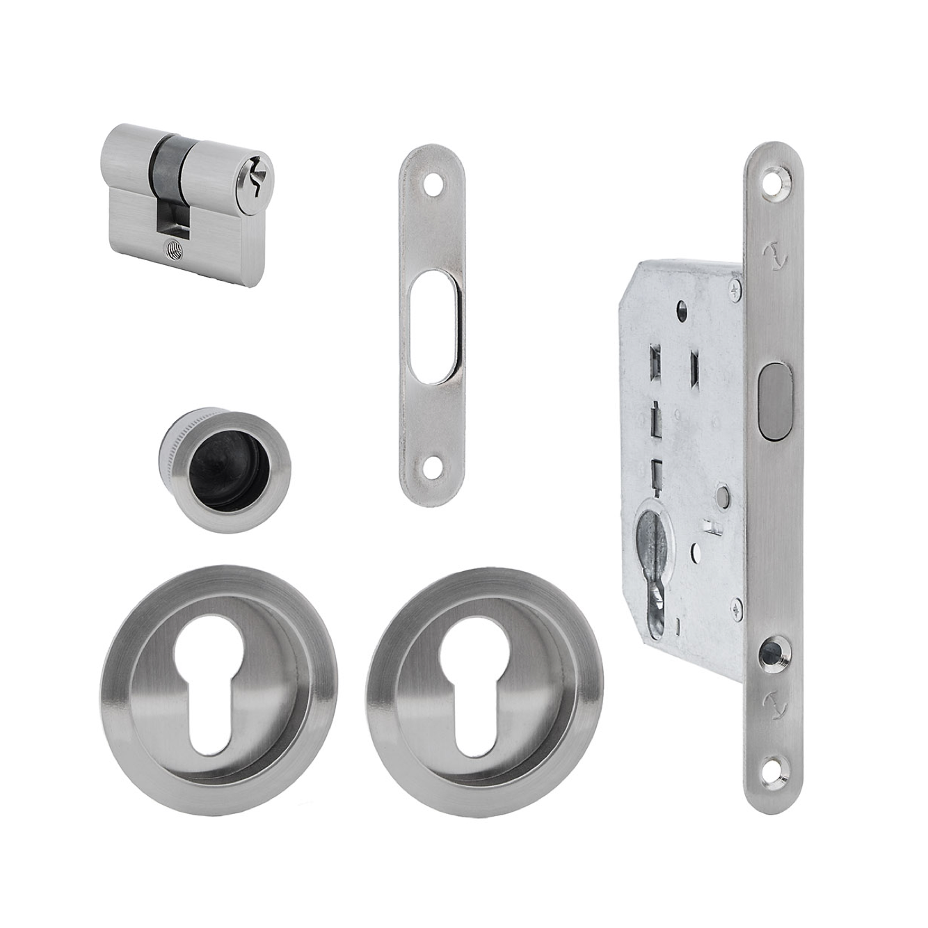 Kit pour porte coulissante avec cylindre finition nickel satiné