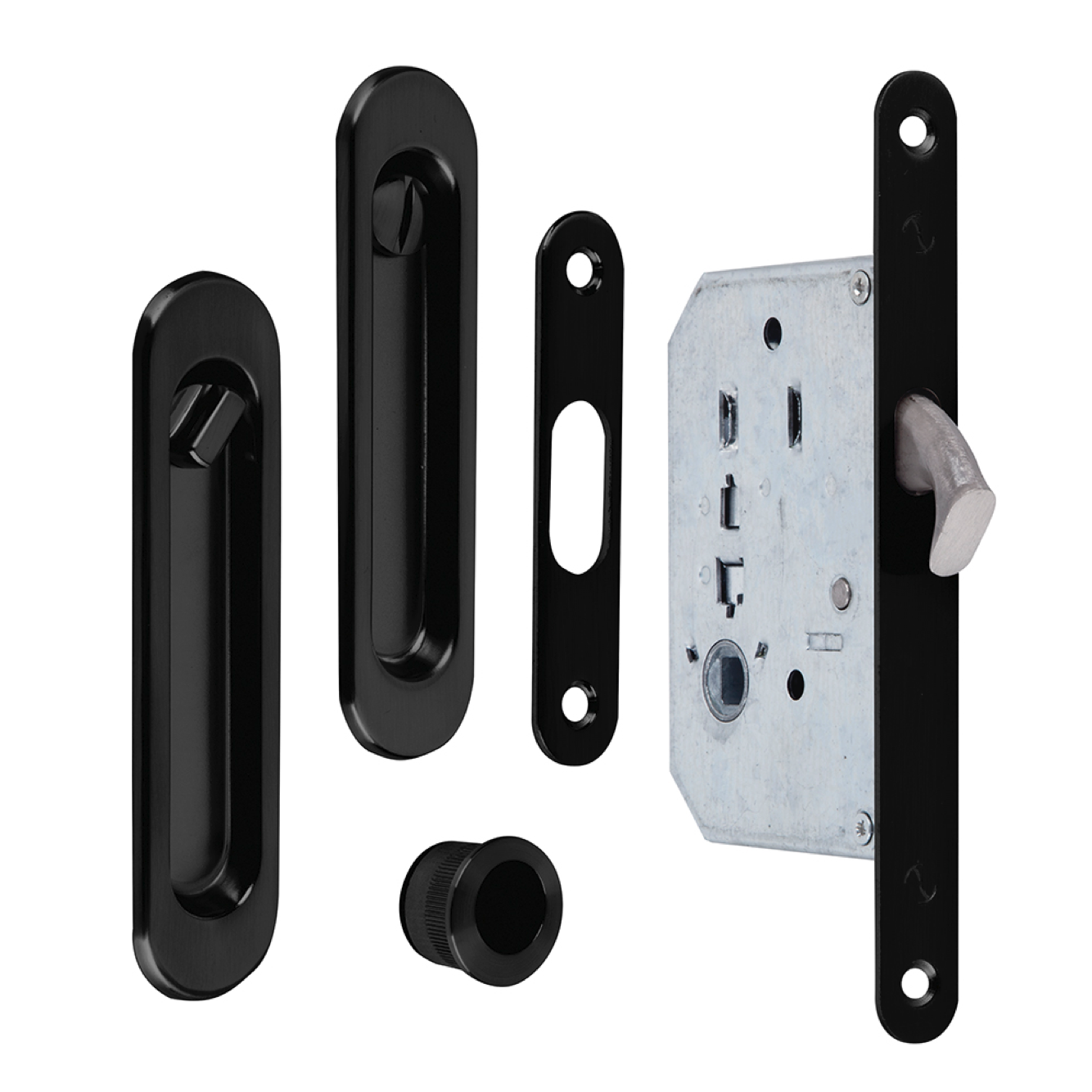 Kit pour porte coulissante avec loquet, condamnation et tire-doigts ovales finition noire