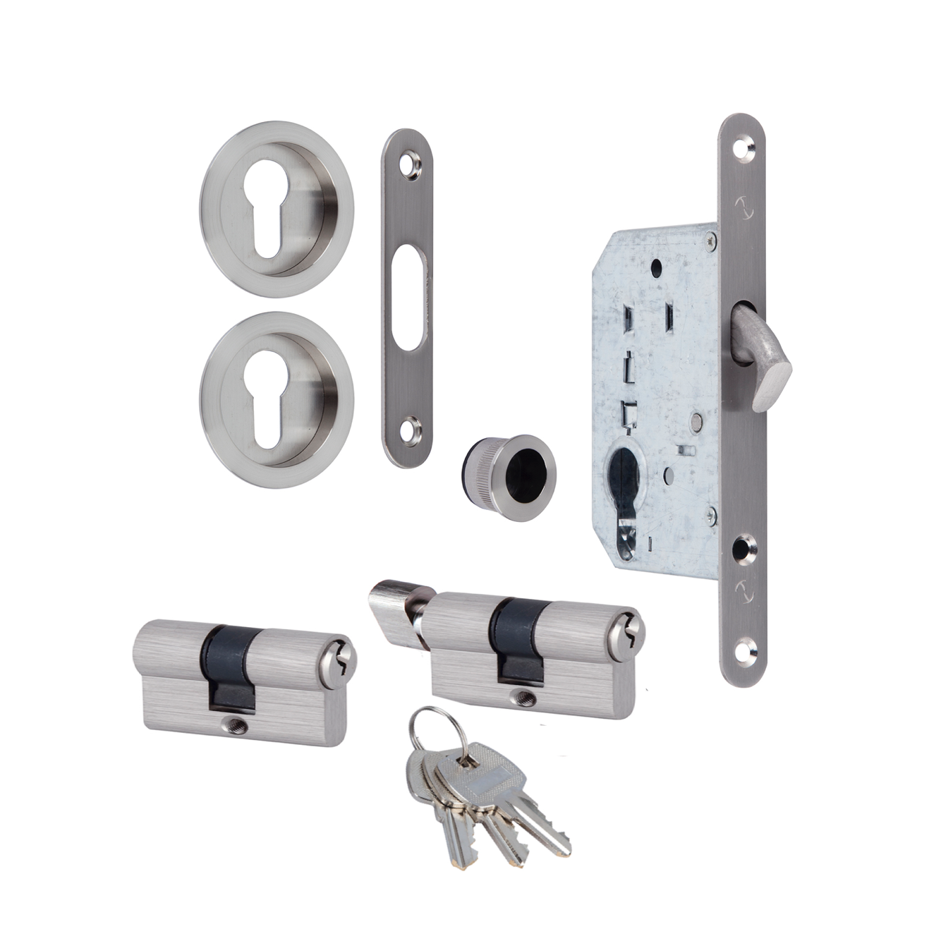 Kit pour porte coulissante avec cylindre finition nickel satiné