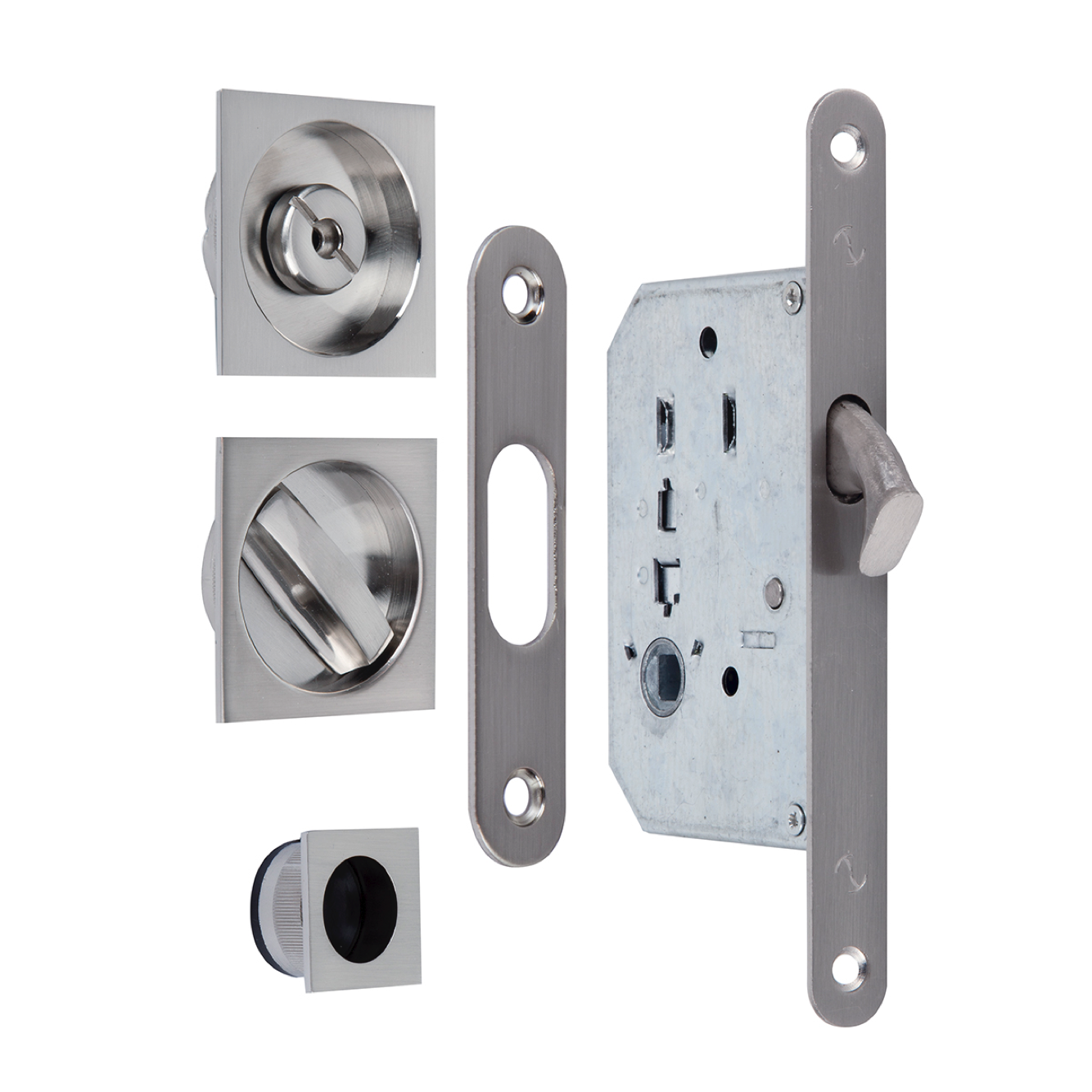 Kit pour porte coulissante avec verrou et tire-doigt carré en finition nickel satiné