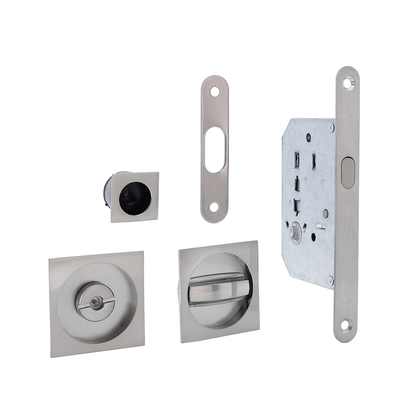 Kit pour porte coulissante avec verrou et tire-doigt carré en finition nickel satiné