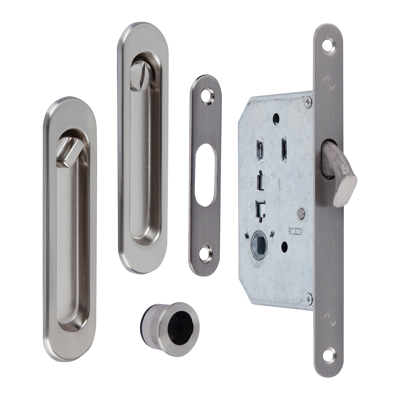 Kit pour porte coulissante, poignée tournante avec condamnation et cuvettes ovales en finition nickel satiné