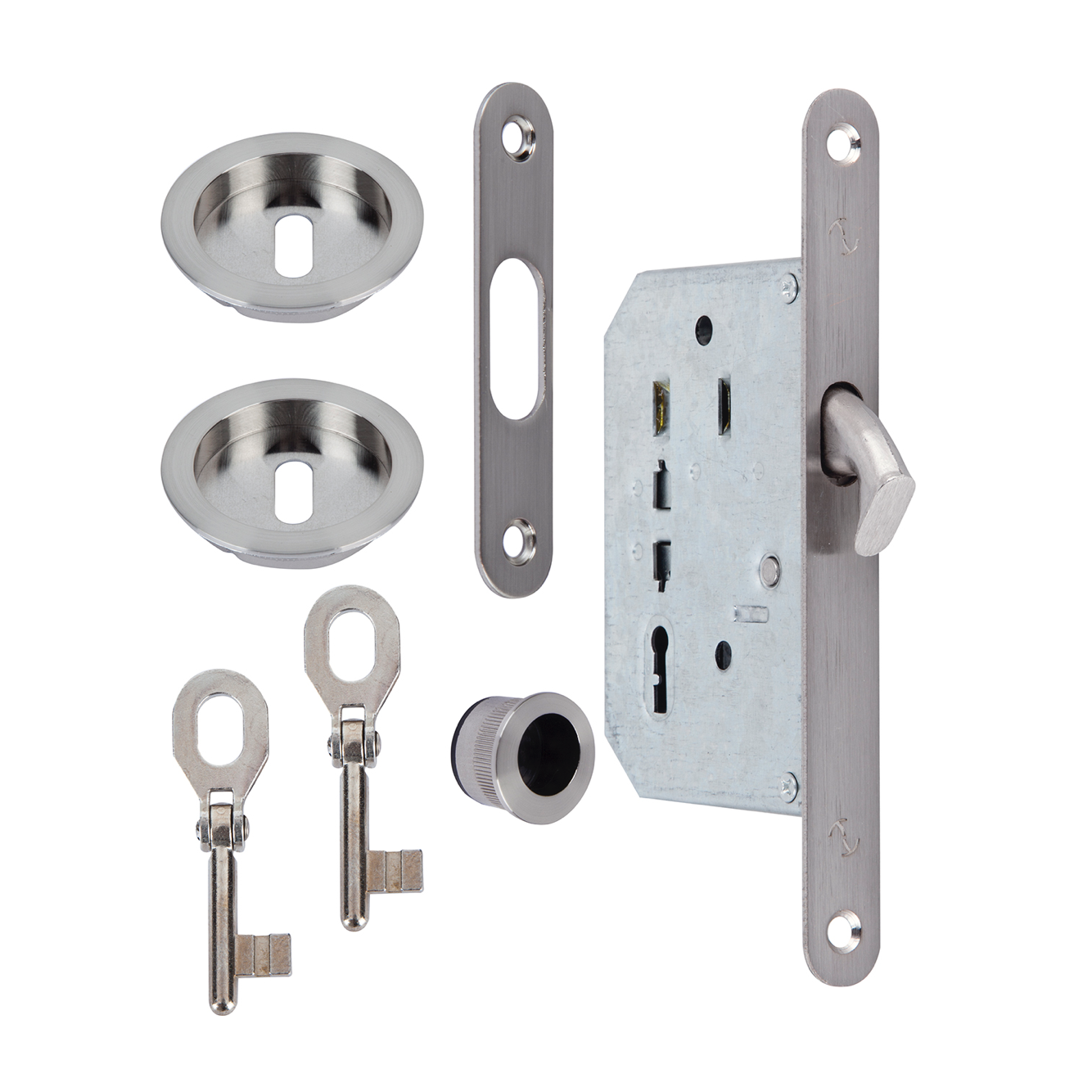 Kit pour porte coulissante en finition nickel satiné avec 2 clés à gorges incluses