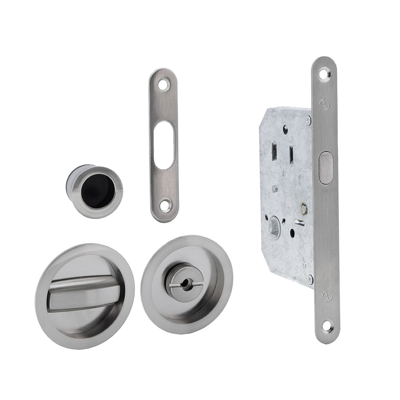 Kit pour porte coulissante, avec poignée à encastrer et condamnation, et tirants ronds, finition nickel satiné