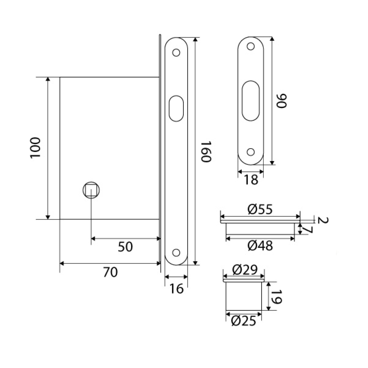Kit pour porte coulissante, avec serrure à mortaiser, verrou et tire-doigts ronds, en finition laiton satiné