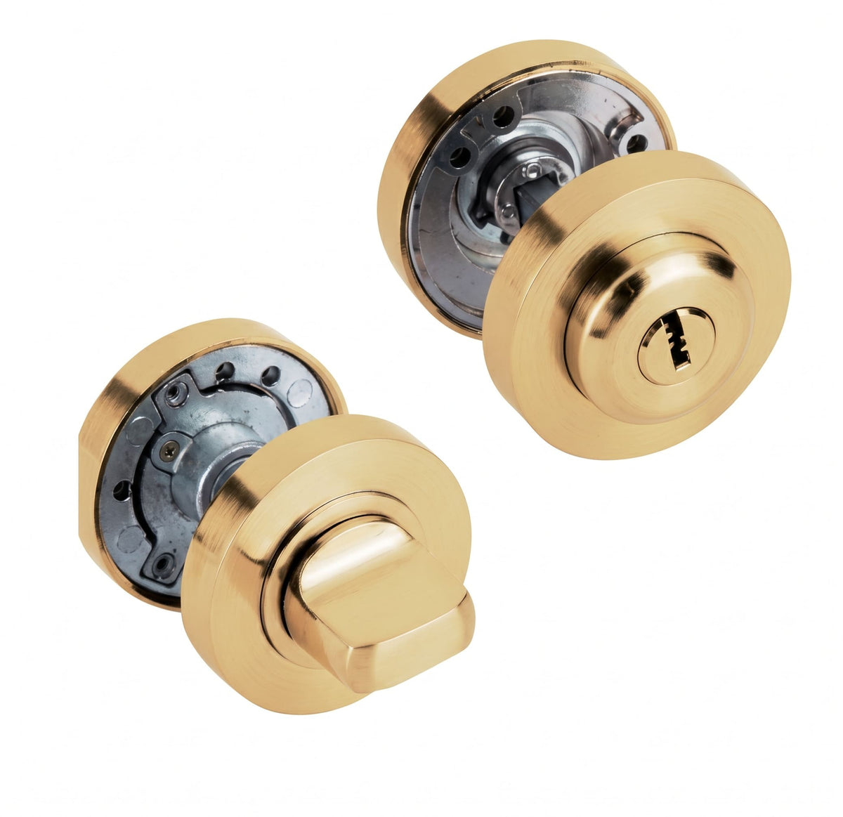 Cilindro muletilla redondo con llave en latonado satinado con pomo y roseta redonda para puertas.