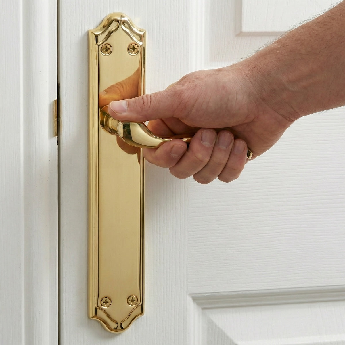 Poignée de porte modèle LOREA PB sur plaque en aluminium doré brillant