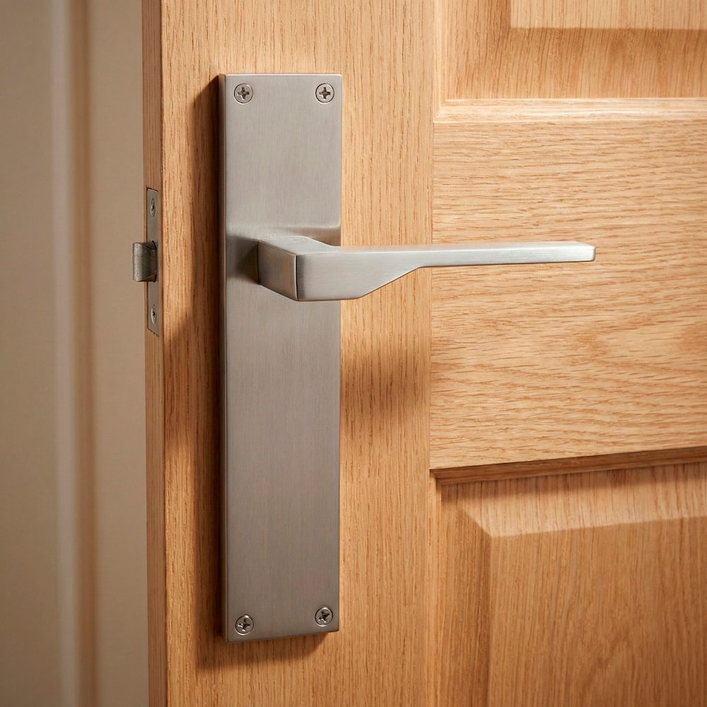 Poignée modèle '520' avec plaque rectangulaire en zamak finition nickel satiné pour portes