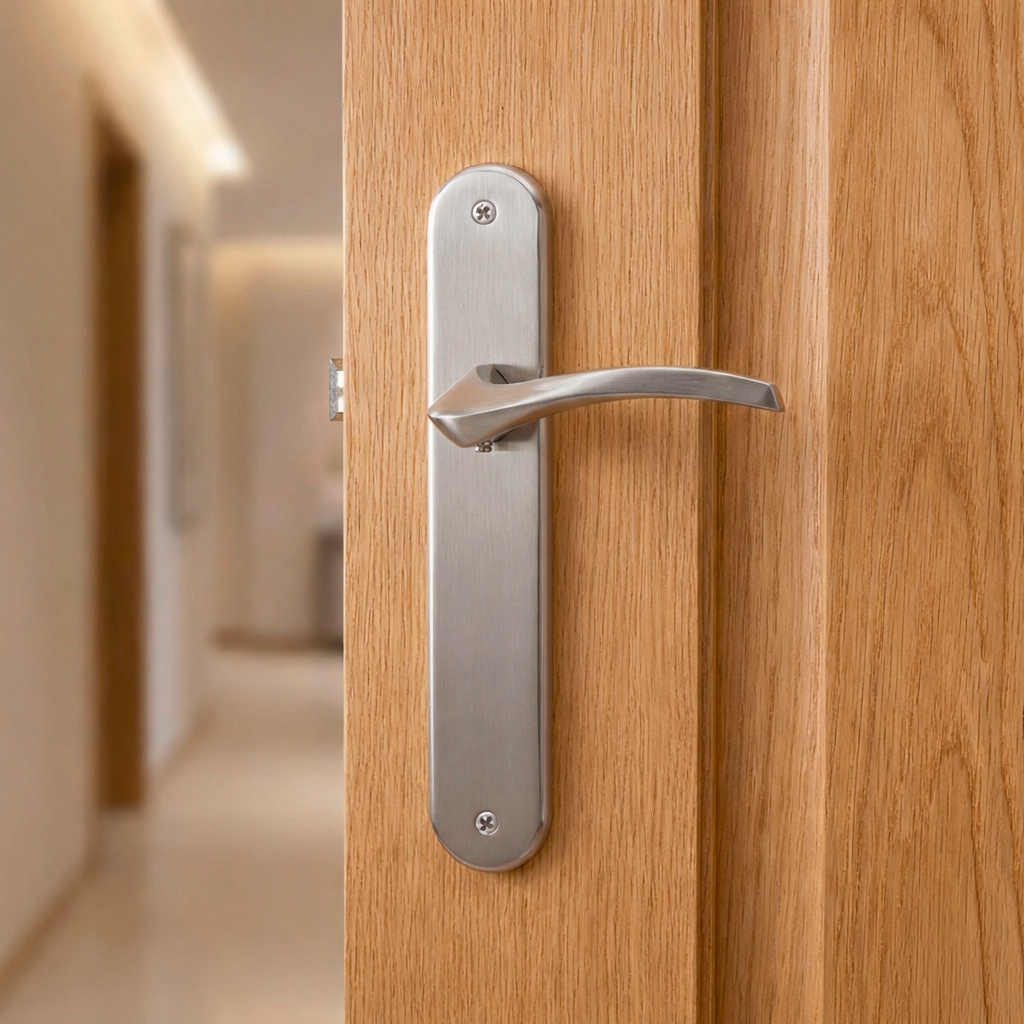 Poignée moderne modèle « 1027 » sur plaque ovale finition nickel satiné pour portes