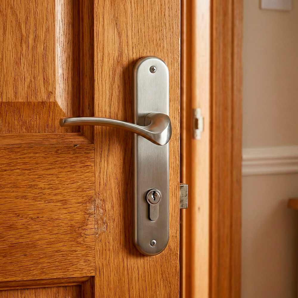 Béquille modèle '930' en zamak avec plaque ovale finition nickel satiné pour portes
