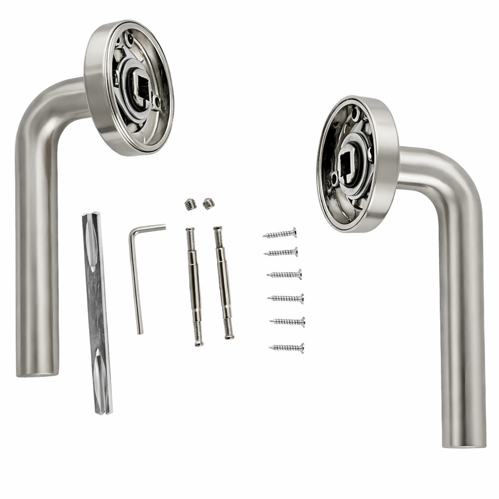 Poignée de porte « 443 » en zamak avec rosace ronde finition nickel satiné