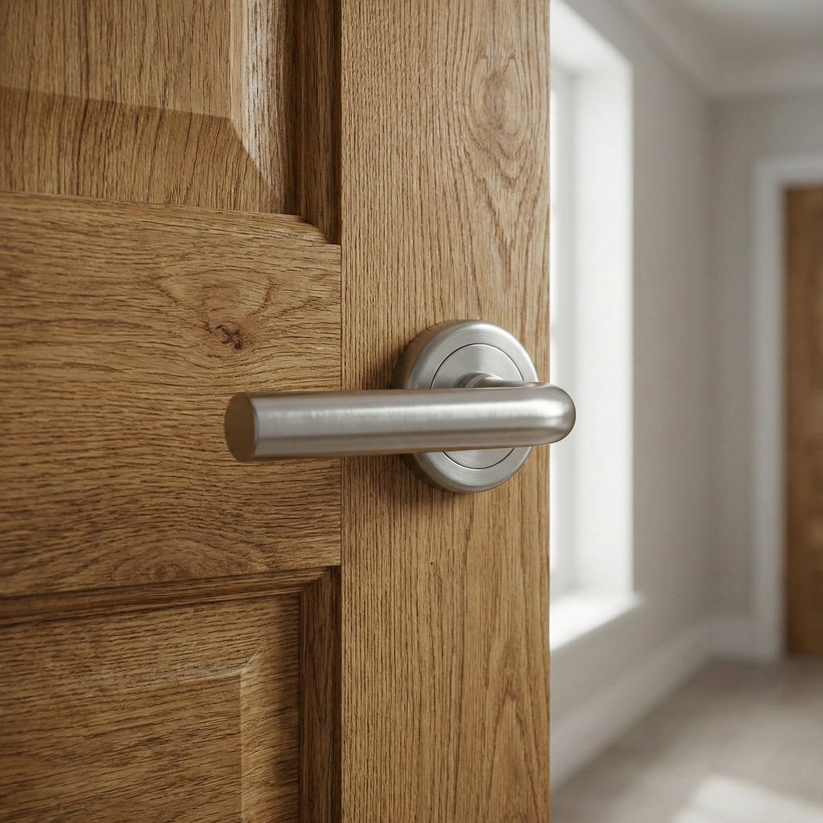 Poignée de porte « 443 » en zamak avec rosace ronde finition nickel satiné