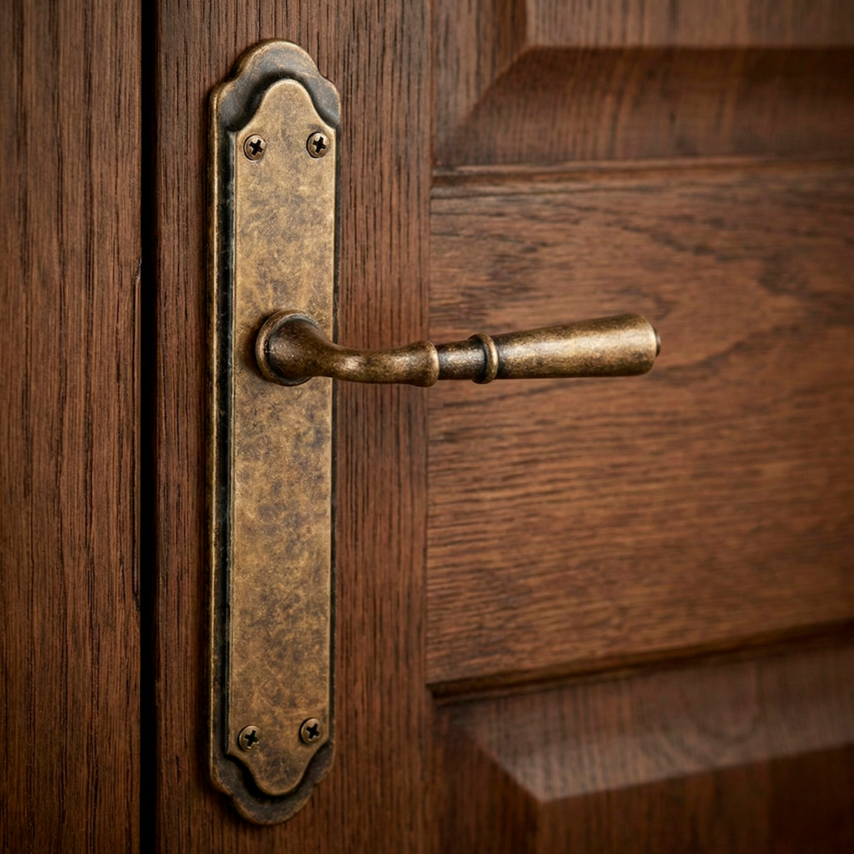 Poignée modèle '507' avec plaque rustique et finition cuir vieilli pour portes