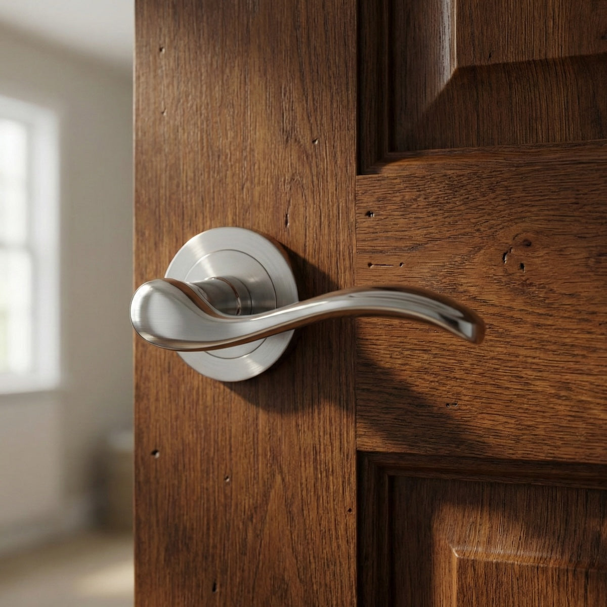 Poignée de porte rustique '3001' en aluminium nickel satiné avec rosace ronde