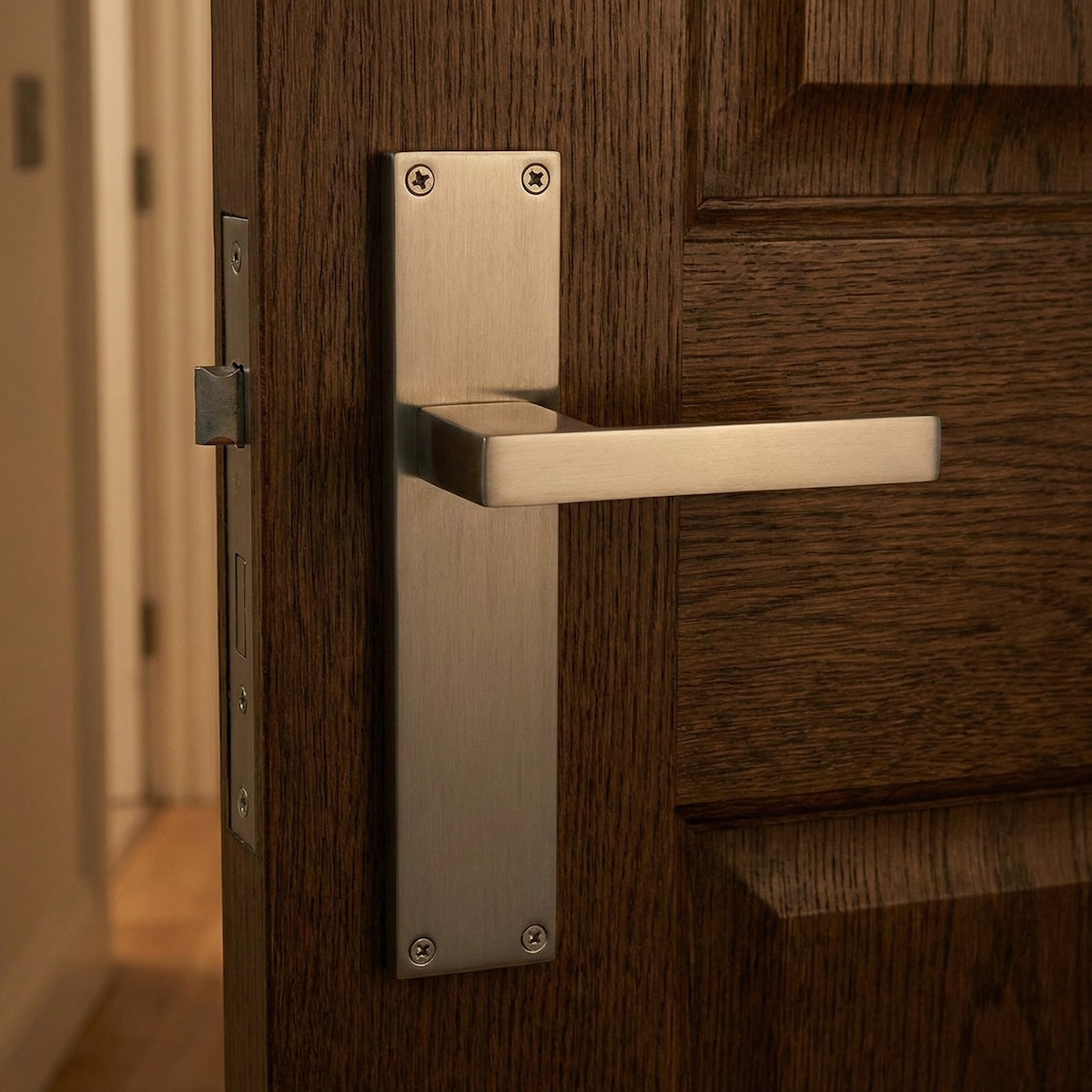 Poignées modèle « 220 » avec plaque rectangulaire en zamak pour portes, finition nickel satiné