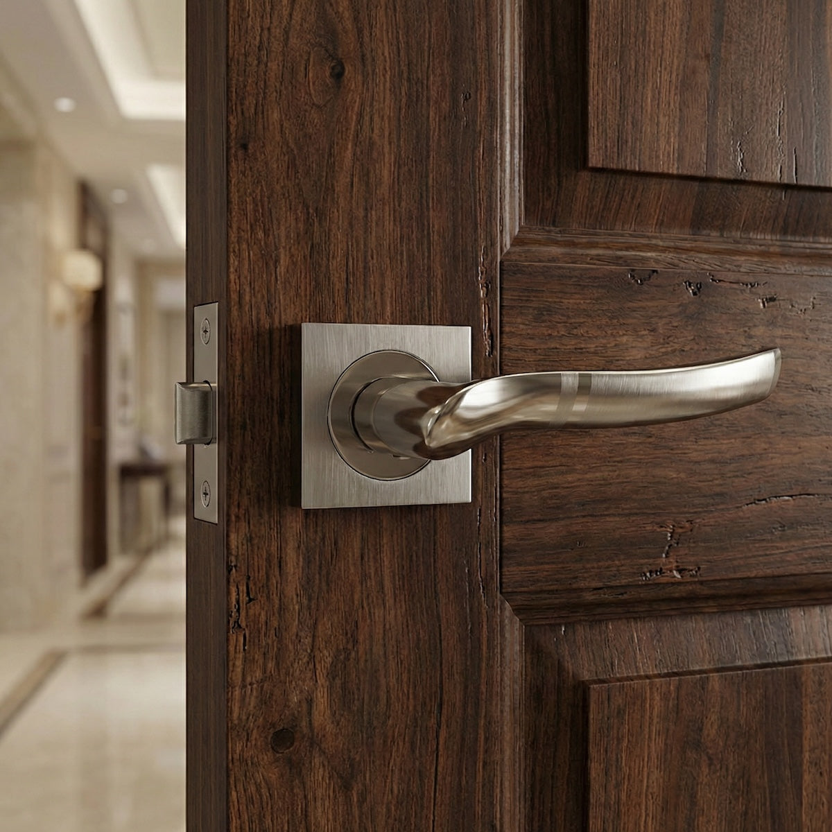 Béquille '230A' en aluminium nickel avec rosace carrée pour portes
