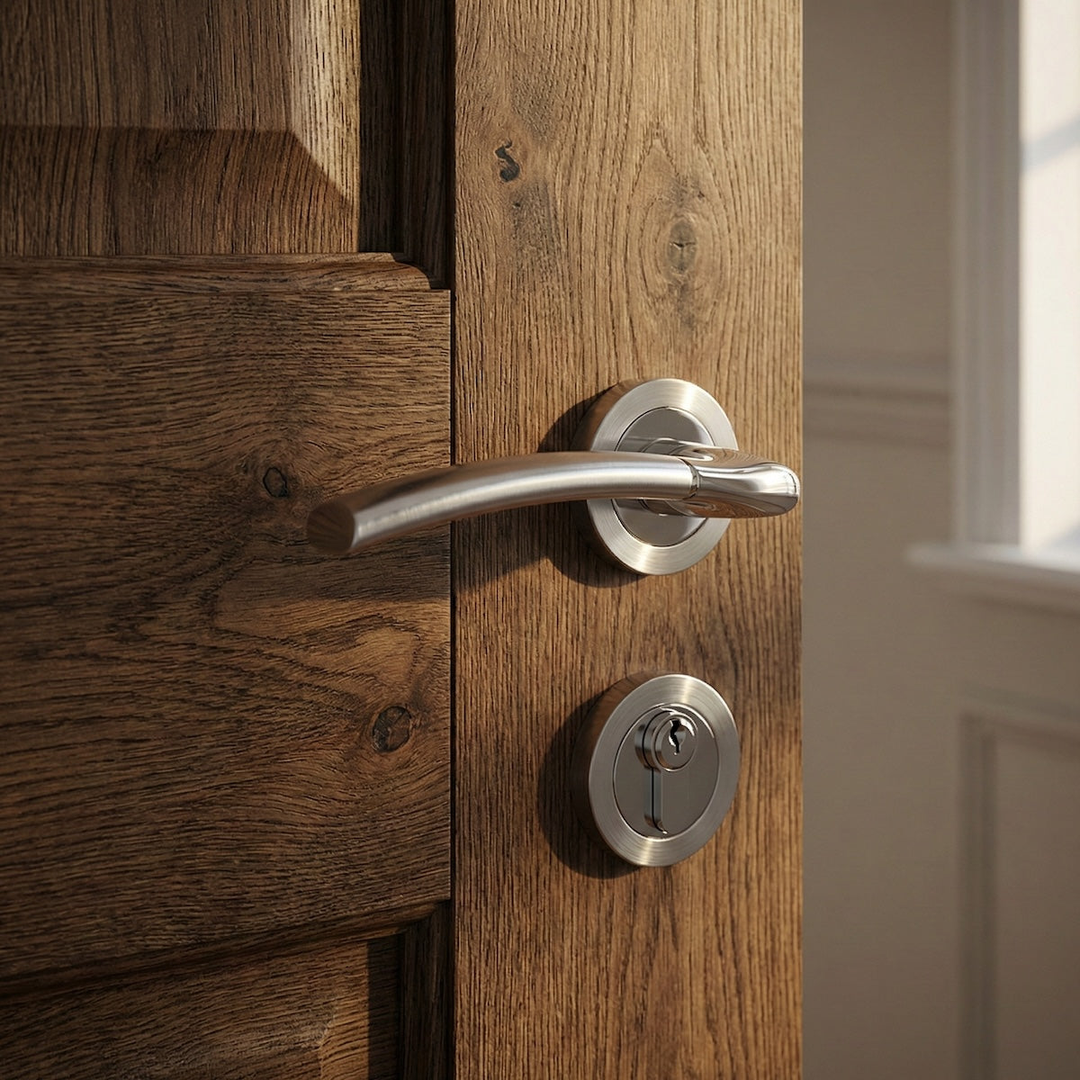 Poignée de porte Belenus en aluminium avec rosace ronde en finition nickel combinée