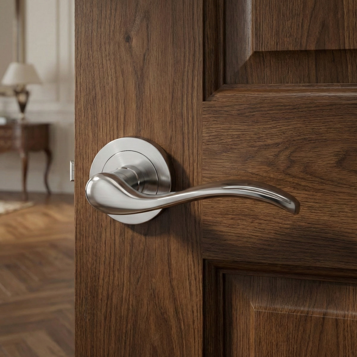 Poignée de porte rustique '3001' en aluminium nickel satiné avec rosace ronde