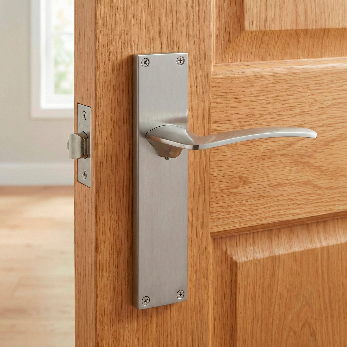 Poignée modèle « 340 » avec plaque rectangulaire pour portes, en zamak finition nickel satiné