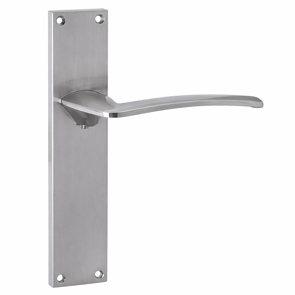 Poignée modèle « 340 » avec plaque rectangulaire pour portes, en zamak finition nickel satiné