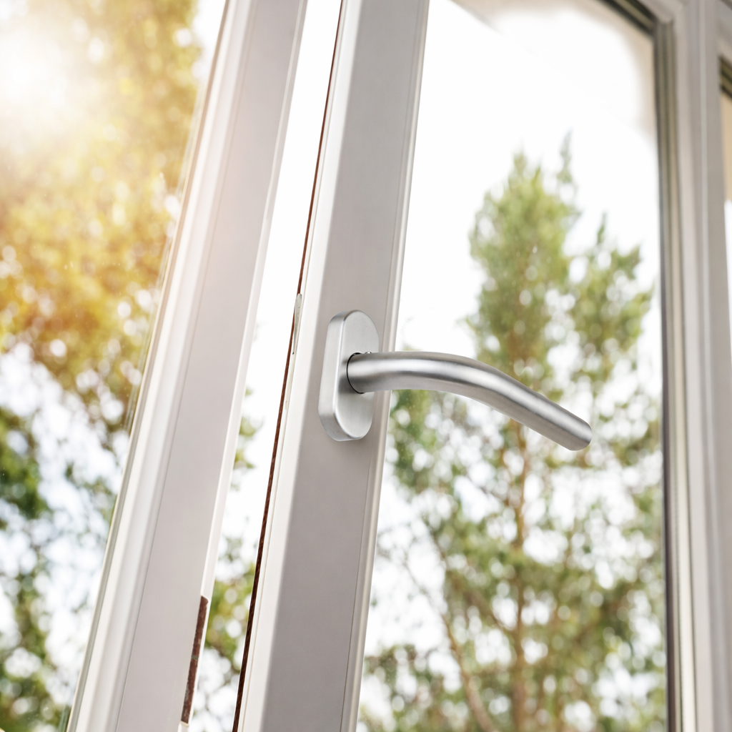 Poignée modèle '403' avec rosace étroite ovale en acier inoxydable pour portes en aluminium