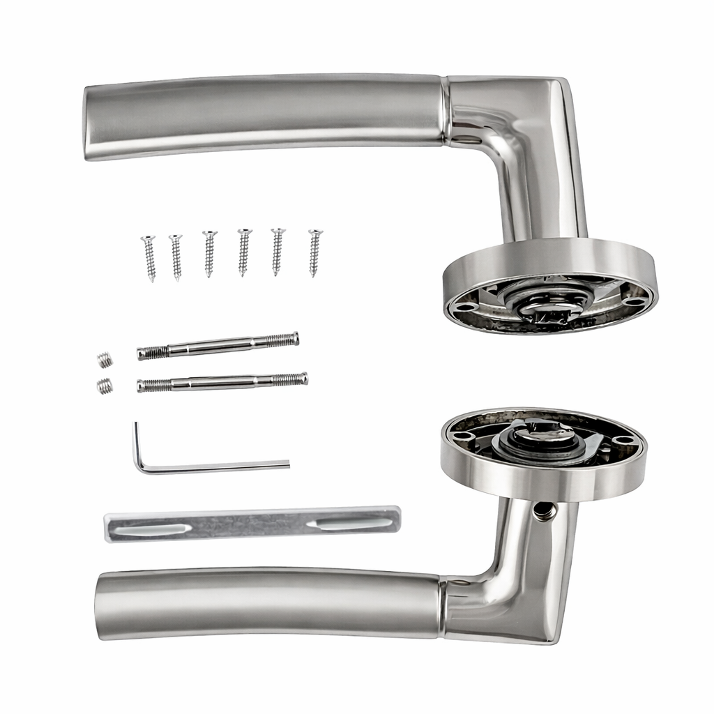 Poignée de porte Belenus en aluminium avec rosace ronde en finition nickel combinée