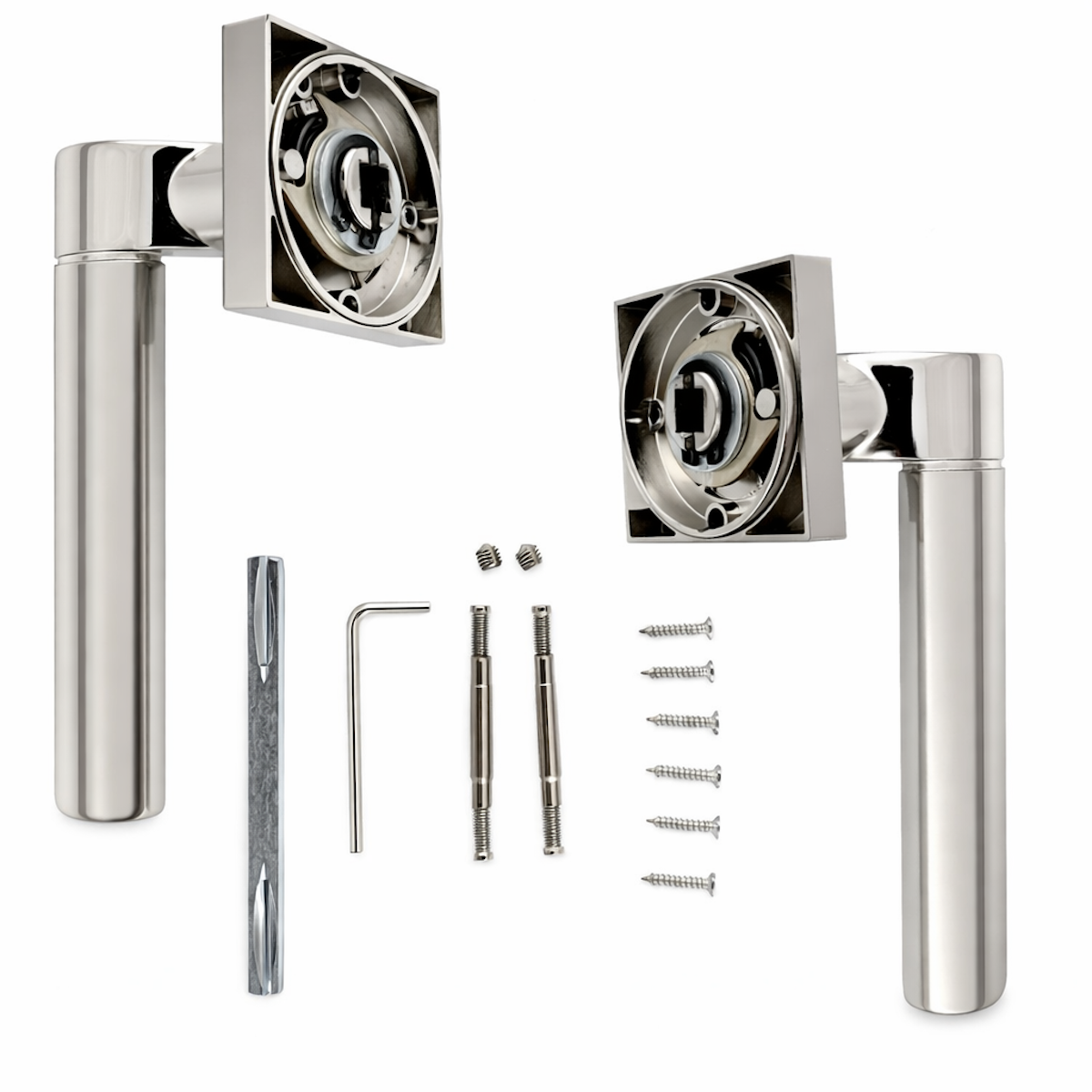 Poignée Macha en aluminium avec rosace carrée finition nickel combiné