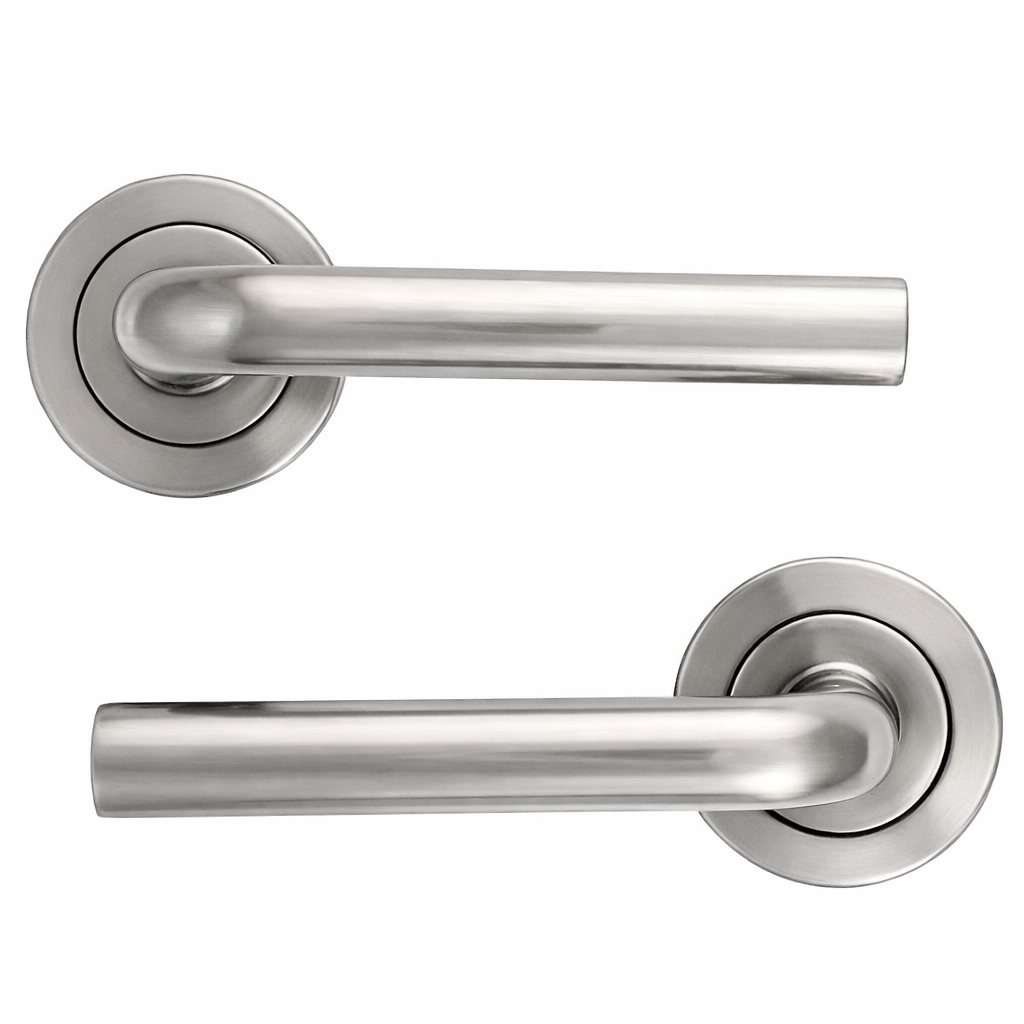 Poignée de porte « 443 » en zamak avec rosace ronde finition nickel satiné